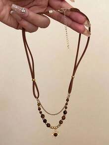 1 chiếc vòng cổ mặt dây chuyền hoa hướng dương vàng cổ điển và đá mắt hổ, thiết kế độc đáo dạng dây chuyền nhiều lớp, phụ kiện vòng cổ cho tiệc tùng và tiệc chiêu đãi (màu hạt ngẫu nhiên) - màu nâu - Xem 2