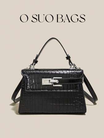 1 件女士新款时尚鳄鱼纹压花手提包，配有肩带和金属装饰，休闲方形托特包，斜挎包，适合通勤、街头穿搭、日常购物和工作。