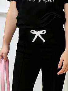 少女卡通印花短袖T恤和喇叭裤 - 黑色 - 查看 4