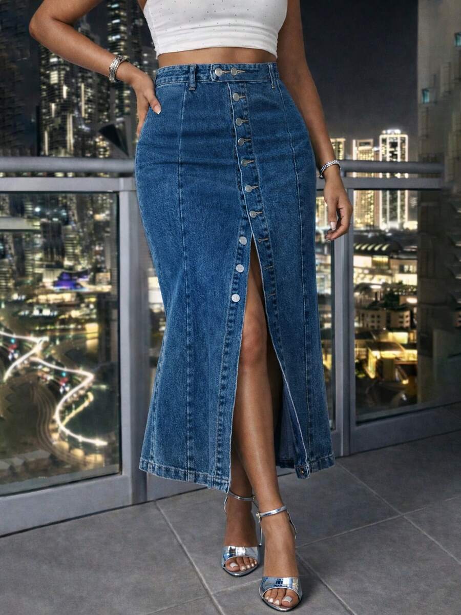 Elegant High Waist Stretch Denim Skirt, Autumn/Winter New Asymmetrical Front Button Slit Skirt, Washed Blue Plus Size Denim Mini Skirt - Blue - View 1