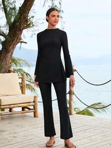 VFJ Set burkini da donna a copertura totale, nero, con parte inferiore a vita alta e parte superiore a maniche lunghe e collo a giro - nero - Visualizzare 5