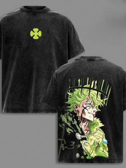 Camiseta de Marca de Estilo Callejero Lavada para Hombre| Camiseta Retro de Peso Pesado con Estampado de Trébol Verde y Personaje de Anime, Regalo Perfecto, Cómoda y Transpirable, Tejido Lavable a Máquina, Estilo Hip-Hop Cool, Ropa de Moda Y2K Cosplay