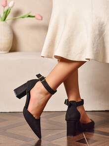 Women's Black Suede Pointed Toe Chunky Heel Ankle Strap Sandals - Black - View 5