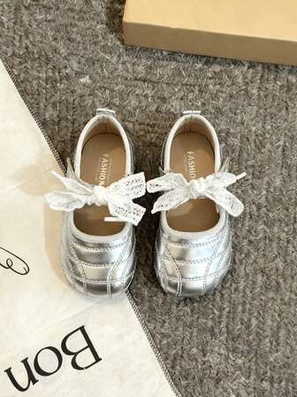 Zapatos de niña tipo Mary Jane con decoración de lazo de encaje metálico y punta redonda de cuero PU cómodo | Calzado elegante de estilo festivo, adecuado para Navidad y diversas celebraciones
