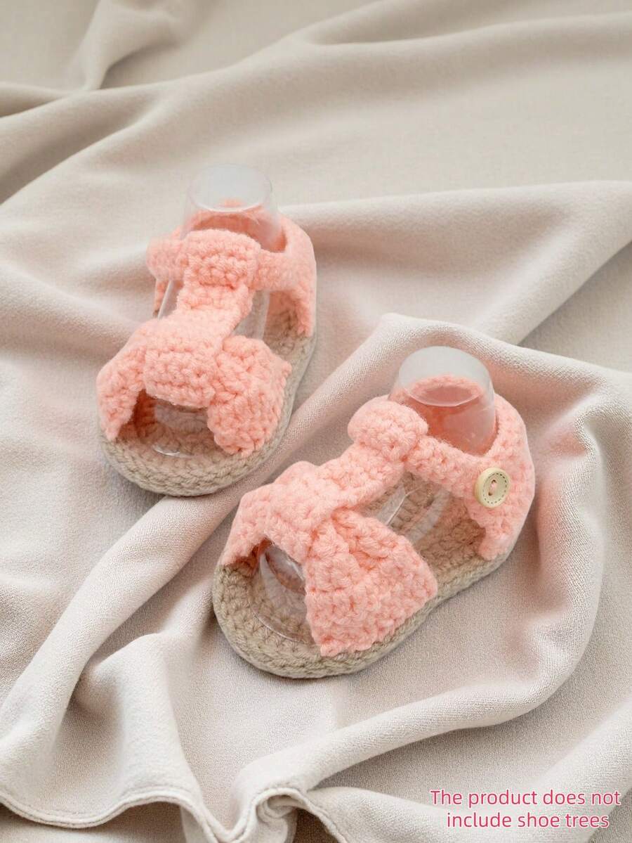1双手工钩编婴儿凉鞋，粉色蝴蝶结设计，柔软针织鞋，婴儿鞋 - 粉色 - 查看 1