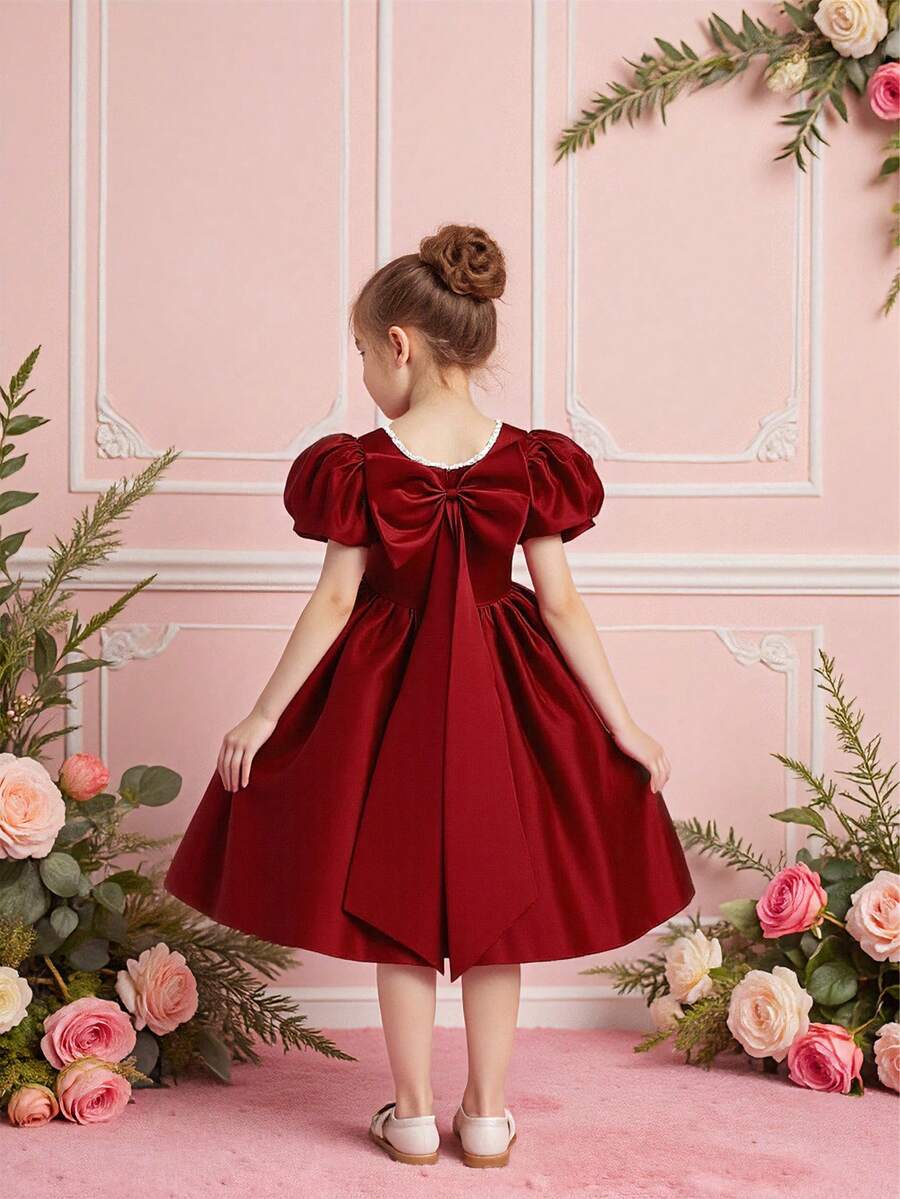 Váy cưới đính hoa tay bồng satin nơ thanh lịch cho bé gái, thích hợp cho tiệc mừng, không bao gồm băng đô - Màu Đỏ Sâu - Xem 1