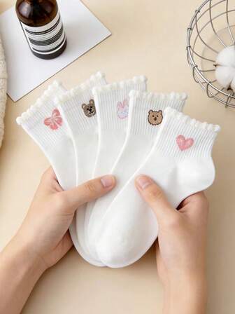 5 par vår/sommar tecknade björnspetskant ankelstrumpor, söta blommiga korta strumpor, volangstrumpor för kvinnor