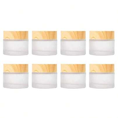 8pcs Frosted Glass Cream Jar Bottle With Wood Grain Lid Refillable Mini Lotion Jars Empty Cosmetic Containers For Makeup Lip Balms Eyeshadow 10g