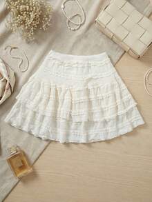 Tween Girl High Waist Layered Ruffle Hem Skirt, Sweet & Elegant, Suitable For Holidays, School Style, Back To School (YY922) - Apricot - View 2
