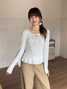 Polka Dot Ruffle Shoulder Long Sleeve T-Shirt, Fitted Undershirt With Bow Tie, Autumn/Winter - White - View 4