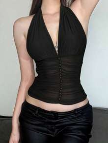 Top Dazzle Women Sleeveless Halter Knitted Fabric Crop Top With Contrast Mesh And Backless Design Carnivals Country Concert - Black - View 1