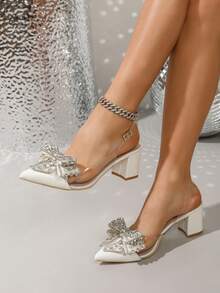 New Fashion Women's Pointed Toe Wedding High Heels, Thick Heel White Rhinestone Bow Casual Comfortable Pumps