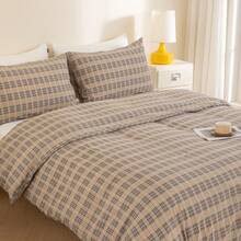 3件套复古格子被套组（暖色调） - 柔软透气床上用品（1个被套+2个枕套）舒适四季家居/宿舍装饰 - 灰色 - 查看 8