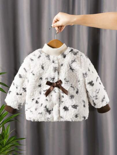 1pc Baby Girls Plush Cardigan Jacket, Full Zip Front, Button Closure For Easy Wear, Ribbed Cuffs, Comfortable, Suitable For Casual Outings, Homewear In Autumn/Winter, Great Gift For Babies