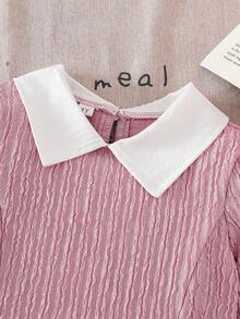 Young Girl Casual Solid & Striped Knit Jacquard Short Sleeve Polo Collar Dress, Suitable For Daily Casual Outings, Vacation, Party, Outdoor Wear, Summer - Pink - View 3
