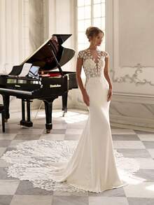 Glamorous Vintage Lace Illusion Mermaid Satin Wedding Dress,  Bridal Gown, Wedding Dresses For Bride, Elegant And Comfortable, Formal Dresses For Women, Suitable For Wedding, Party, Vacation, Bride, Formal Occasions, Dinner Dress, Prom Dress, After-Party Dress, Homecoming Dress, Cocktail Party, Birthday Party, Celebration, Gala, Festival, Ceremony - 白色 - 查看 2