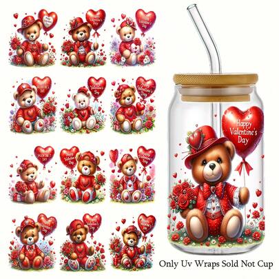 12pcs Valentines Teddy Bear DIY UV Transfer Transfer Paper Set - Waterproof, Self-Adhesive Decals For Mugs, Bottles & Laptops, Decorative Transfers, Cute Playful Design, Highquality Prints, Transfers, Adhesive Stickers, Craft Lovers