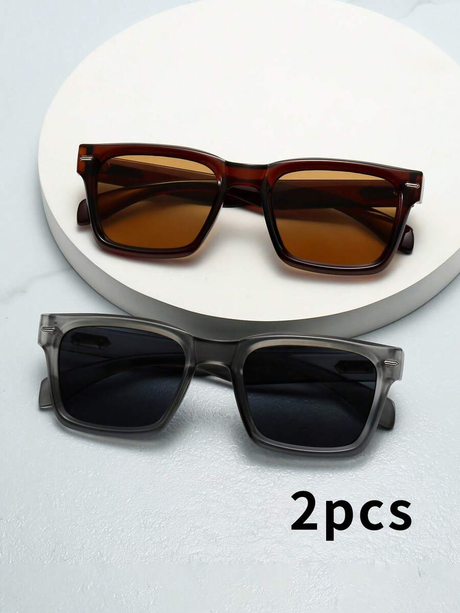 2pcs Men's Retro Square Frame High Quality Minimalist Business Fashion Glasses, Suitable For Party, Casual, Travel, Daily Wear - 2-piece Combo Pack (Tea Tea 10 Gray Black) - View 1
