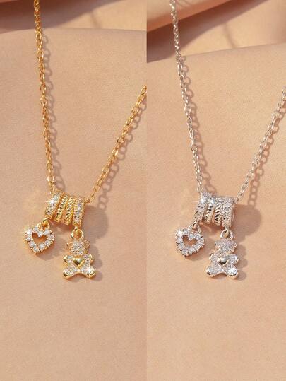 1 pieza Collar con colgante de corazón y oso con circonita brillante, collar de clavícula de acero inoxidable elegante y lindo, adecuado para uso diario, festivales, regalo para amigos