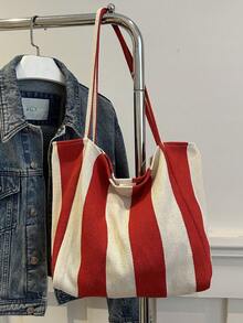 2026 New Retro Style Striped Canvas Bag, Large Capacity, Versatile Use, For Work, School And Outdoor Activities, Can Be Used As A Backpack - Red - View 9