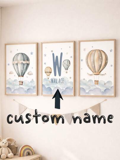 3pcs Personalized Custom Name Nursery Wall Art Set, Hot Air Balloon Kids Room Canvas Prints, Boho Watercolor Children Bedroom Decor, Custom Baby Name Wall Hanging, Baby Nursery & Daycare Wall Decor, Nursery Poster, Gender Neutral Art