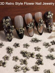 3D Flatback Retro Black Gold Hibiscus Flowers Nail Art Accessories With Various Shapes Floral White Pearls Jewelry Gems Diy Craft Decoration,Retro-Style Nail Gems Nail Salon Supplies