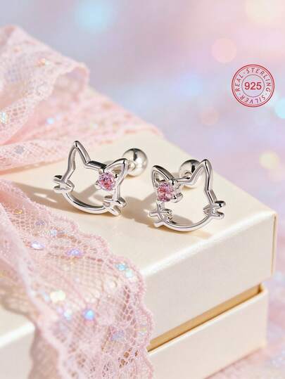 Artepollo 1 pieza Pendientes de botón con forma de oreja de gato de plata de ley 925 hipoalergénicos, con circonita brillante incrustada, soñadores y dulces, empaquetados en caja de regalo, adecuados para uso diario o festivales, regalo para niñas, amigos, cumpleaños, Navidad, Año Nuevo