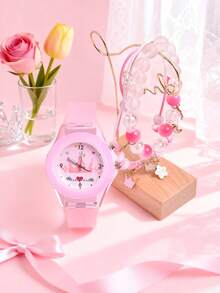 3pcs/Set Soft Silicone Strap Crown Princess Fashion Creative Lighting Quartz Wrist Watch, Pendant Bracelet Jewelry Set, Gift For Daughter