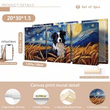Conjunto de 3 peças de mural de parede em tela com Border Collie em céu estrelado, pôster com estampa de cachorro em aquarela, adequado para decoração de casa, decoração de quarto, decoração de sala de estar, decoração de banheiro, decoração de parede, arte de parede opcional com moldura.