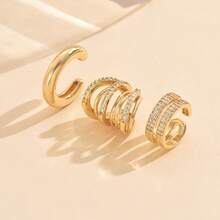 3 Delicate Fake Ear Piercing Clip-On Earrings Set, Unisex Fashion, Faux Studded, 18k Gold Plated, 925 Silver - Vàng - Xem 3