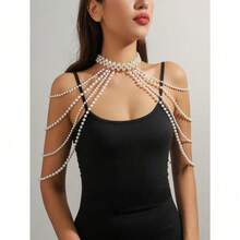 1pc Lightweight Luxurious Multi-Layer Faux Pearl Necklace & Shoulder Chain, Sexy Tassel Versatile Bikini Accessory, Simple High-End Handmade Body Chain For Summer Beach - 白色 - 查看 9
