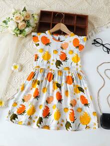 Girls' Strawberry Print Ruffle Sleeve Dress, Summer New Arrival Children's Clothing - Orange - View 1