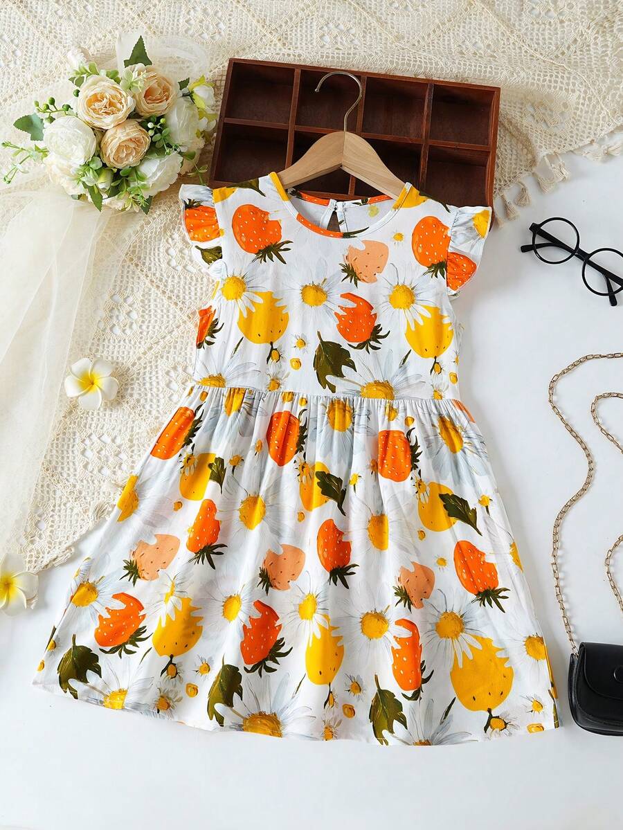 Girls' Strawberry Print Ruffle Sleeve Dress, Summer New Arrival Children's Clothing - Orange - View 1