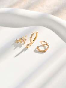 3pcs/Set Fashionable & Elegant Micro-Inlaid Zirconia Flower & Teardrop Earrings Set, Suitable For Girl's Vacation & Casual Wear - Gold - View 2