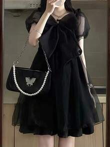 1 件公主奔跑泡泡袖连衣裙束腰蝴蝶结柔软黑色连衣裙薄纱裙短袖优雅洛丽塔连衣裙，万圣节服装