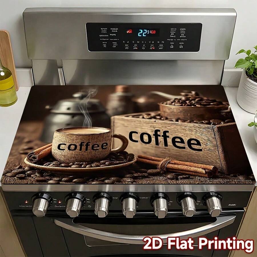 1pc Coffee-Themed Stove Top Protector Cover - Gas/ Flat Stovetop & Glass Cooktop Compatible, Coffee Bean & Coffee Cup Design With Cinnamon Sticks - Easy-Clean Appliance Mat For Ovens, Washers, Dryers, Stove Panels (Coffee, 2D Flat - 20.5x28.3吋/52x72厘米 - 查看 1