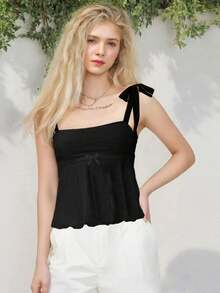 Women's Tie Shoulder Camisole Sleeveless Jacquard Mini Bow Slim Fit Summer Tank Tops - Negro - Ver 2