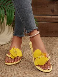 2025新款加大码夏季韩版时尚蝴蝶兰欧式人造花装饰平底人字拖，休闲创意凉鞋，仙女风度假拖鞋，简约性感小众百搭沙滩度假凉鞋 - 黃色 - 查看 4