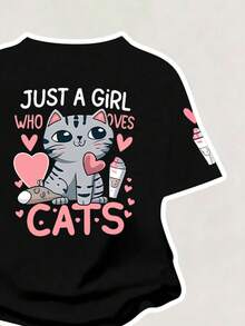 Bộ trang phục thường ngày cho bé gái tuổi teen: Áo thun ngắn tay in hình mèo hoạt hình và quần ống loe. - màu đen - Xem 7