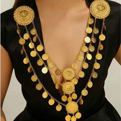1pc Exaggerated Gold Coin Tassel Clothing Accessory Necklace, Arabic Style Dual Brooch Dress Decor Jewelry, Body Chain Jewelry For Women To Wear At Party, Wedding