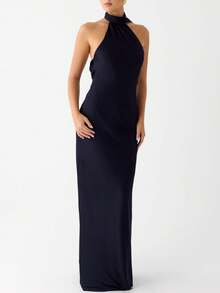 Women Scarf Maxi Dress Silk Halter Neck Tie Up Backless Bodycon Dress Cowl Back Draped Party Wedding Guest Cocktail Dresses With Neck Scarf - 深藍色 - 查看 4