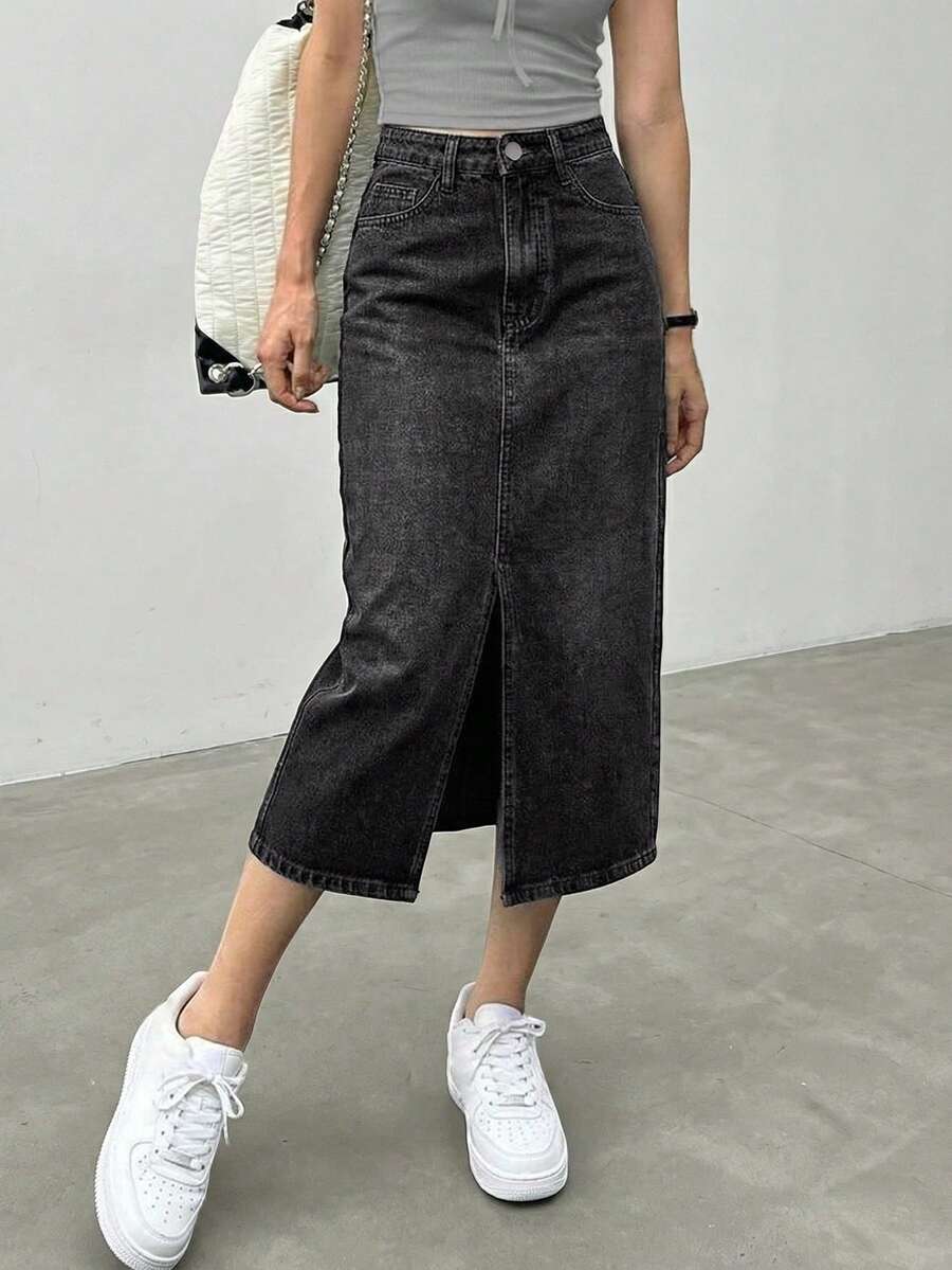 Women Casual Black Denim Midi Skirt With Front Slit Non Stretch Straight Fit Skirt - Black - View 1