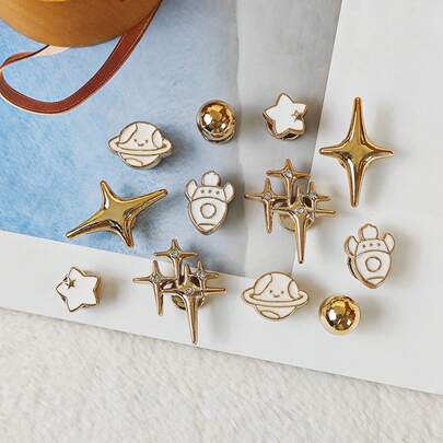 12pcs DIY Shoe Charms - Shiny Stars, Rockets, Planets Decorations, Non-Metal Lightweight Material, Y2K Fashion Versatile Cute Unisex, Suitable For EVA Beach Shoes, Sandals, Detachable Shoe Decor, Holiday Gift
