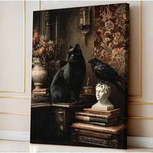 Arte de pared retro de gato negro y cuervo, estilo sombrío, pintura de academia oscura victoriana, decoración de pared, póster de libros y estatuas góticas para galería, sala de estar, biblioteca, librería - transparente - Ver 7