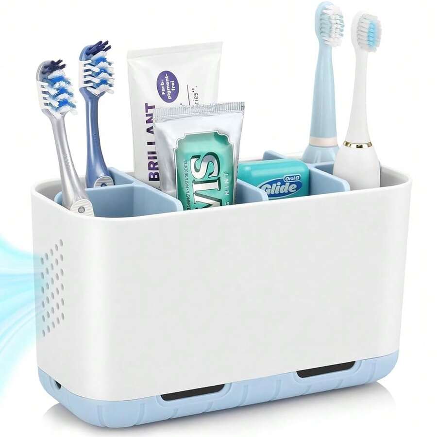 Boperzi Electric Toothbrush Holder For Bathroom Organizer Countertop, Detachable Anti-Slip Blue Toothpaste Storage Caddy 6 Slots White With Drainage Holes For Makeup Brush Razor Stand - 藍色 - 查看 1