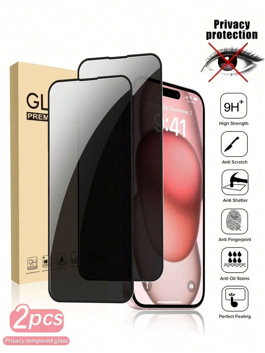 2片装隐私保护全屏钢化玻璃保护膜，兼容 17 Pro Max [6.9英寸]、17 Pro/17 Air/16 Pro Max/16e/15 Pro Max/14 Plus/13 Mini/12 Pro/11 Pro Max/XS Max等机型，屏幕防窥全屏手机保护膜