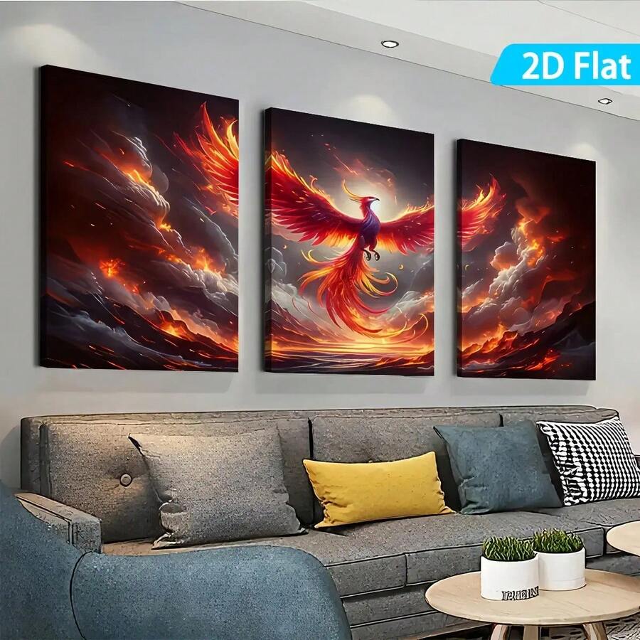 2D Flat 3pcs, Instant Hanging And Use, Abstract Mythical Animal- Fire Phoenix, Home Decoration, Wall Art, Room Decoration, Holiday Gifts, Hanging Paintings In Living Rooms, Bedrooms, Dining Rooms, Offices, Home Decoration, Picture Wall Decoration - 30.48*45.72*3.05cm*3pcs - View 1