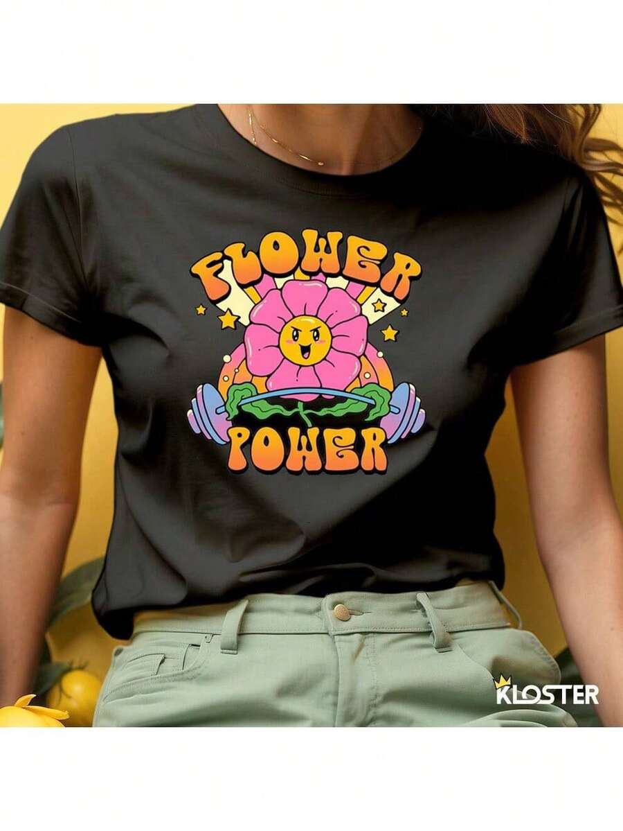 Flower Power T-Shirt - Powerful Woman - Negro - Ver 1