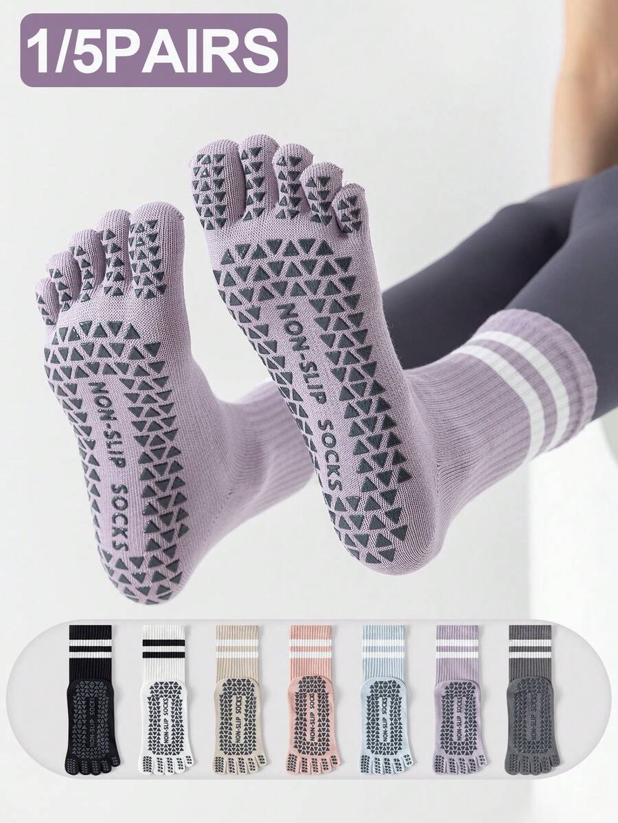 1/5双装 女士随机颜色条纹防滑舒适柔软瑜伽普拉提跑步健身运动五趾袜 - 彩色 - 查看 1
