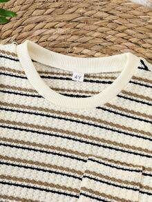 2pcs/Set Young Boy Casual Striped Jacquard Short Sleeve Crew Neck T-Shirt And Shorts Set, Suitable For Toddler Boys' Everyday Casual Outfits In Spring/Summer - Khaki - View 4